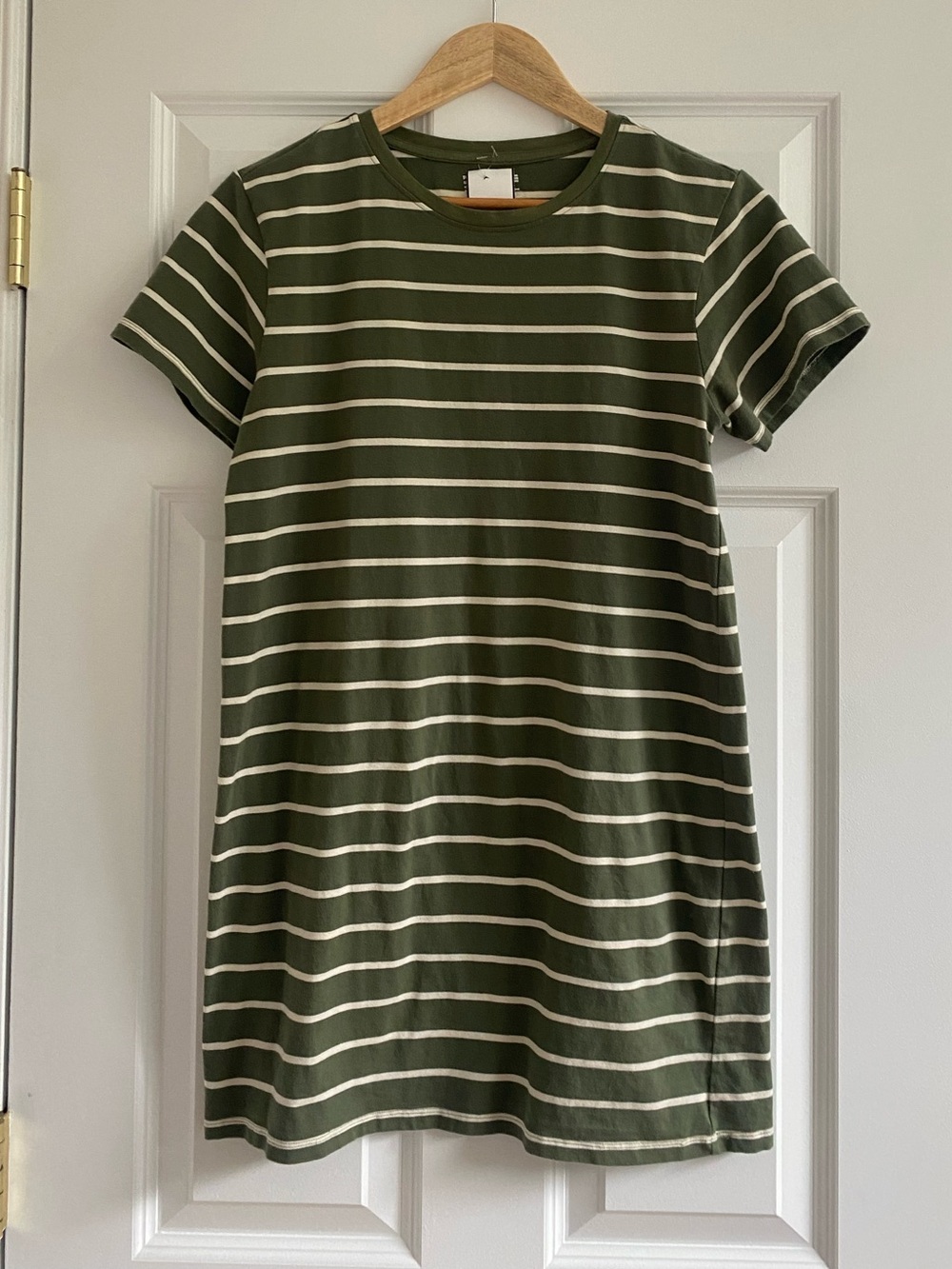 Pact Organic Cotton Olive Green Striped Short-Sleeve Tee Shirt Dress, Sz S